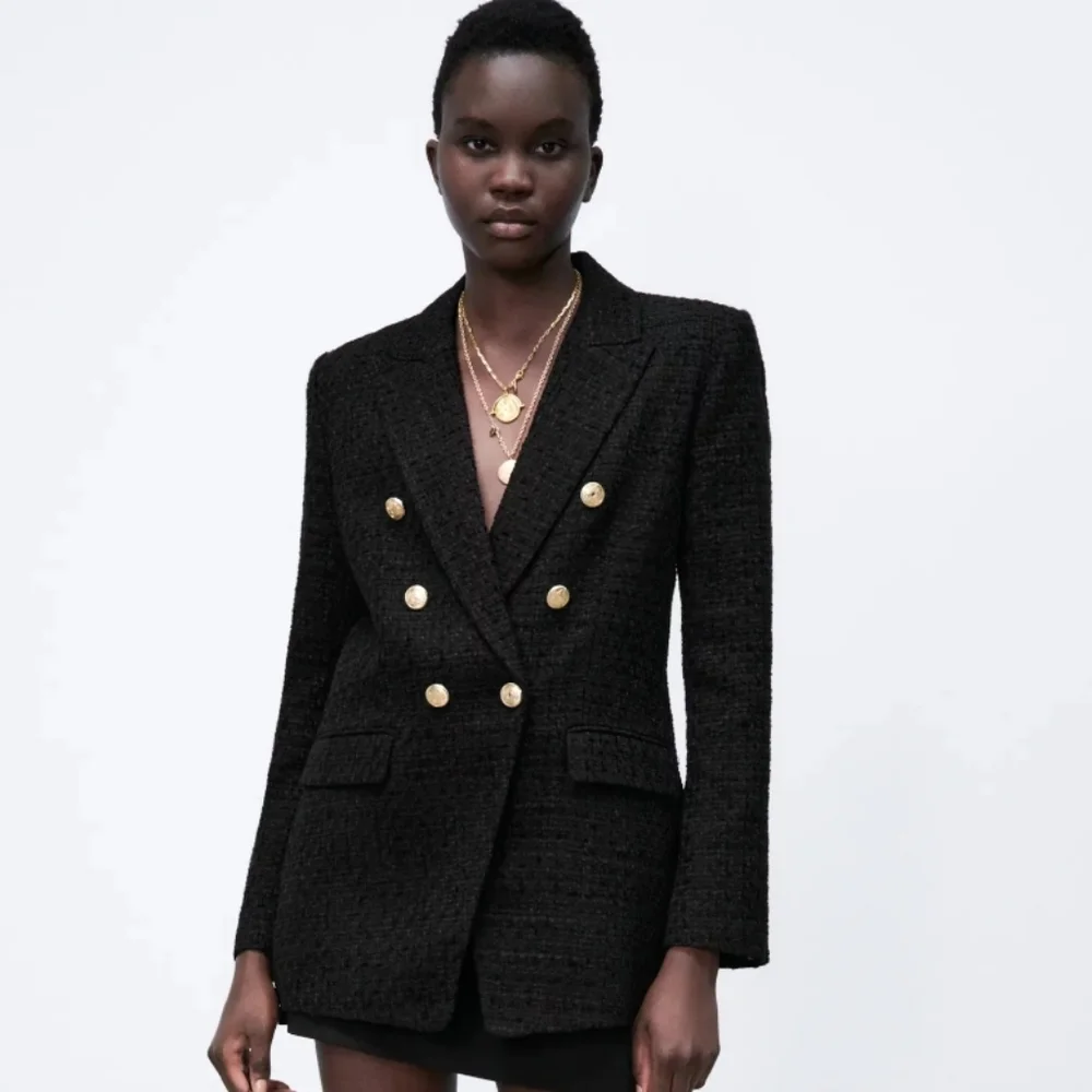 Zara Buttoned Textured Weave Blazer